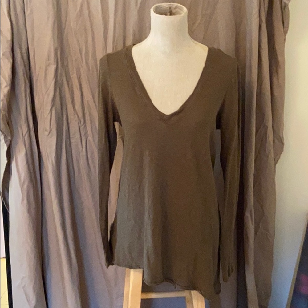 Free People Olive Brown Long Sleeve V-Neck Tee